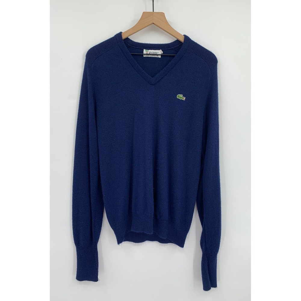 Vintage Izod Lacoste Sweater Mens Medium Blue V-Neck Acrylic Made USA